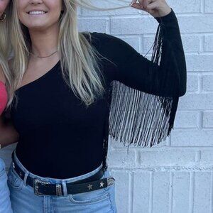 Black One Shoulder Fringe Sleeve Bodysuit | Size Small